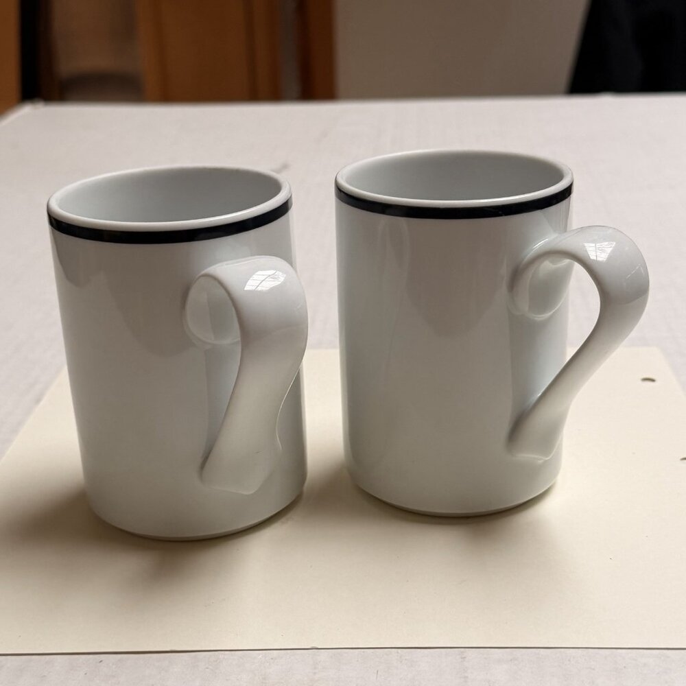2 Dansk Bistro Coffee Cup Mug Blue Rim White Porcelain Coastal Portugal 10 oz